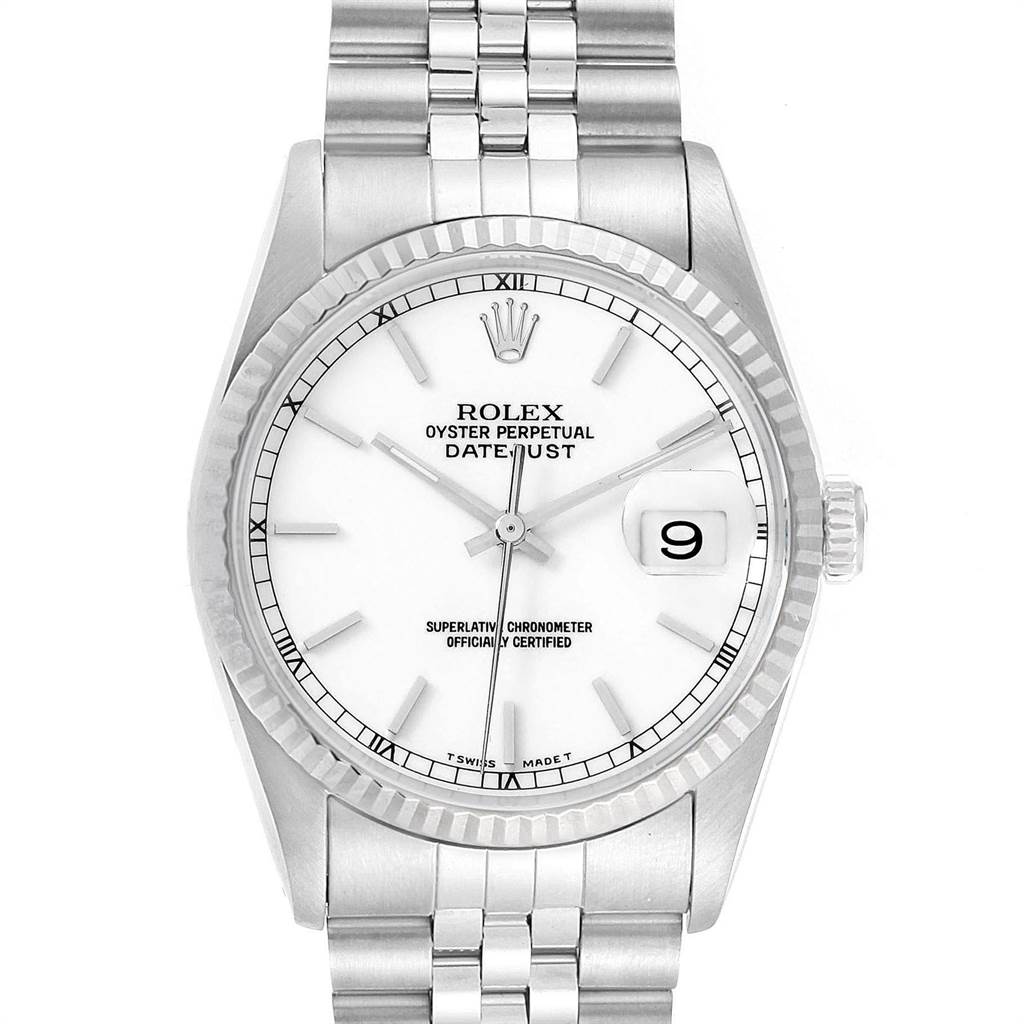 This is a close-up, front view of a Rolex Datejust 16234 Men's Stainless Steel White Dial 16234 Men's Stainless Steel White Dial watch, showing the dial, hands, date window, and bracelet.