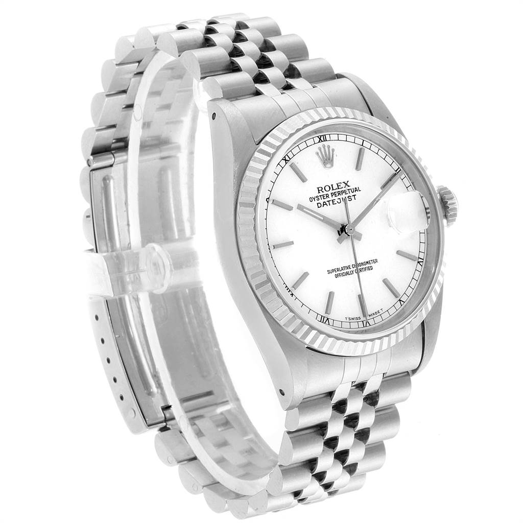 The image shows a Rolex Datejust 16234 Men's Stainless Steel White Dial 16234 Men's Stainless Steel White Dial watch at a slight side angle, featuring the face, bezel, crown, and bracelet.