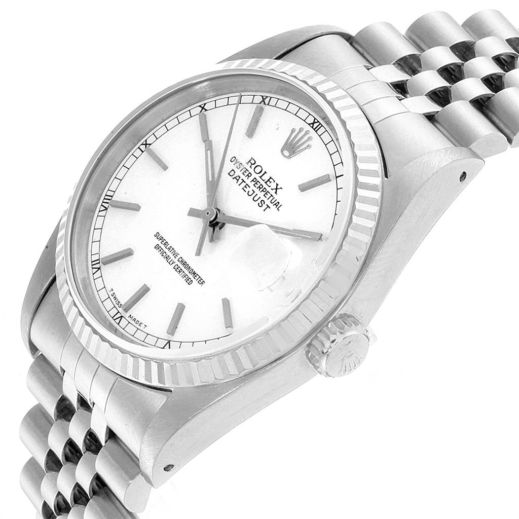This image shows the Rolex Datejust 16234 Men's Stainless Steel White Dial 16234 Men's Stainless Steel White Dial watch at an angled view, highlighting the face, bezel, crown, and part of the bracelet.