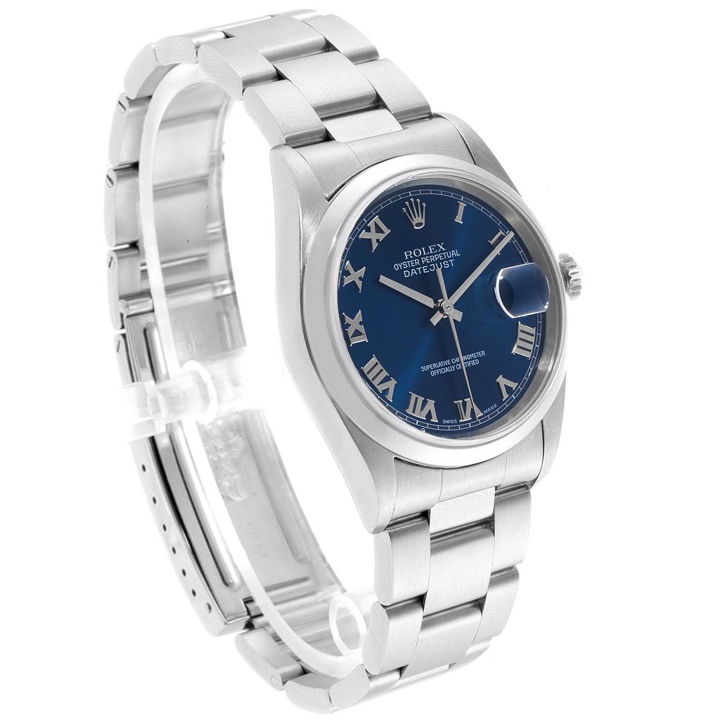 The image shows a side view of the Rolex Datejust 16200 Men's Stainless Steel Blue Dial 16200 Men's Stainless Steel Blue Dial watch, highlighting the blue dial, stainless steel case, and bracelet.