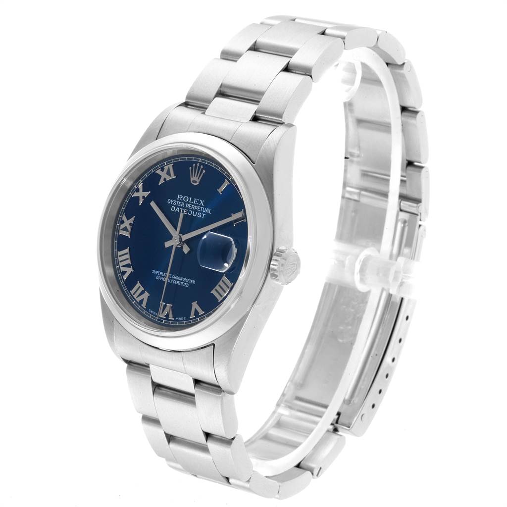The Rolex Datejust 16200 Men's Stainless Steel Blue Dial 16200 Men's Stainless Steel Blue Dial watch is shown from a three-quarter angle revealing its stainless steel band and blue dial.