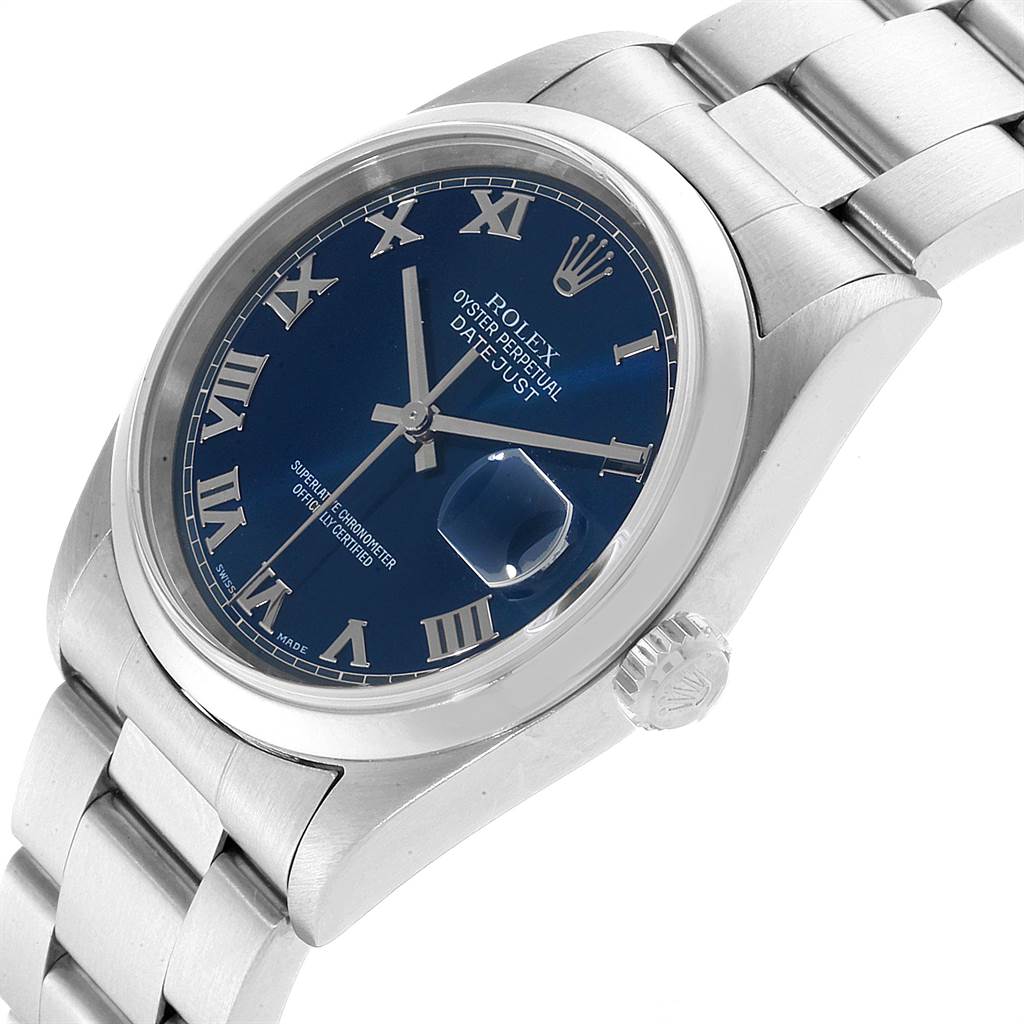 The image shows a Rolex Datejust 16200 Men's Stainless Steel Blue Dial 16200 Men's Stainless Steel Blue Dial watch at a three-quarter angle, highlighting the dial, case, crown, and part of the bracelet.