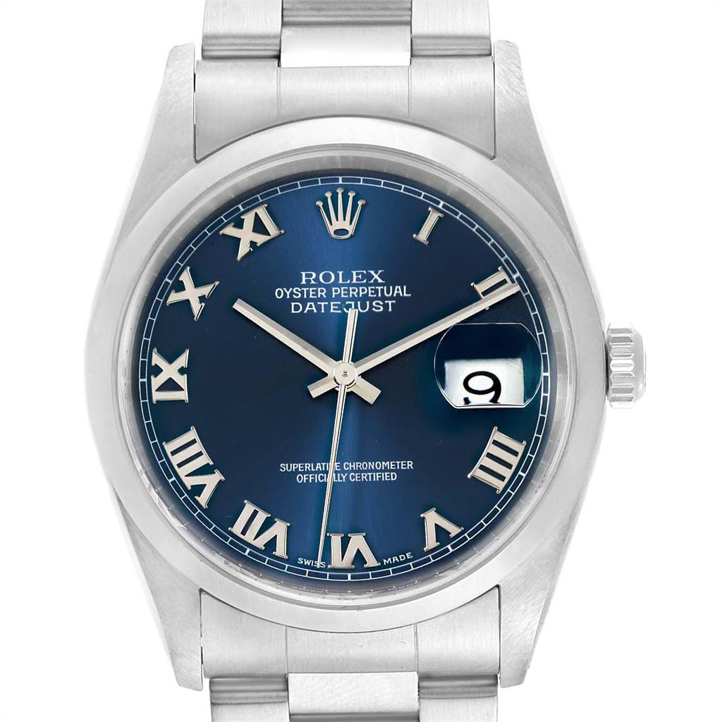 This image shows a front view of the Rolex Datejust 16200 Men's Stainless Steel Blue Dial 16200 Men's Stainless Steel Blue Dial watch, highlighting its blue dial, Roman numerals, and date window.