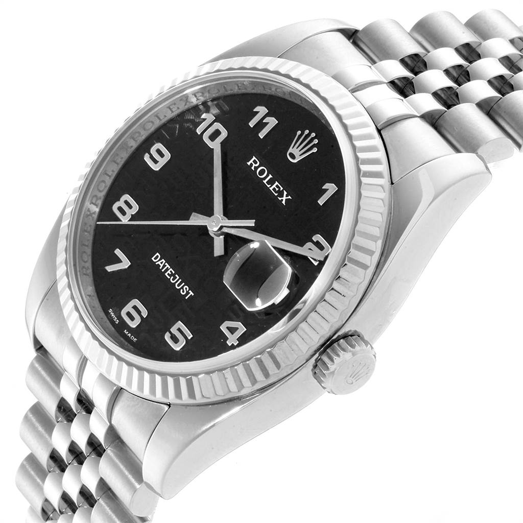 The image shows a Rolex Datejust 116234 Men's Stainless Steel Black Dial 116234 Men's Stainless Steel Black Dial watch at an angle, displaying the face, bezel, crown, and part of the bracelet.