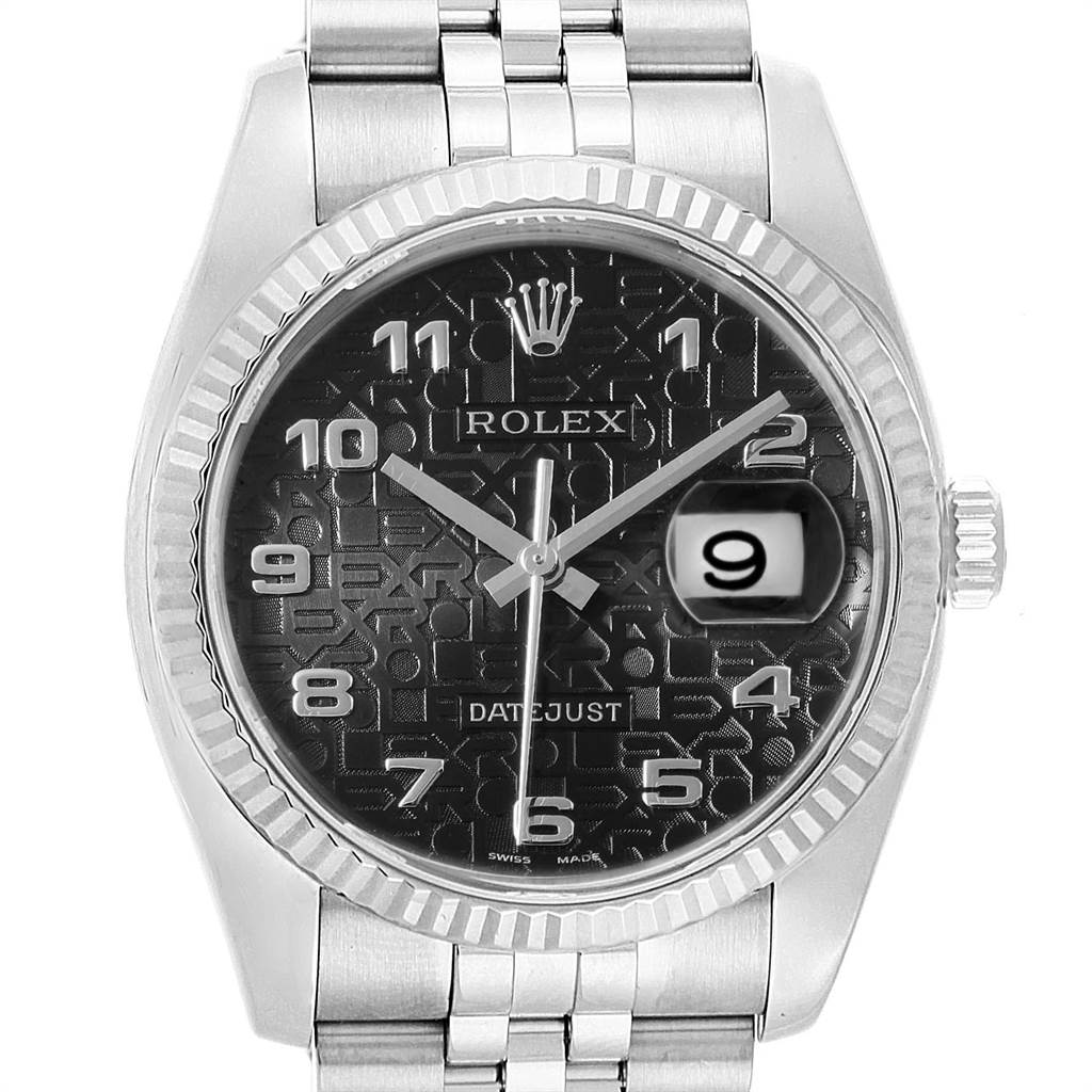 This image shows a Rolex Datejust 116234 Men's Stainless Steel Black Dial 116234 Men's Stainless Steel Black Dial watch from the front, highlighting the dial, hands, date window, and part of the bracelet.