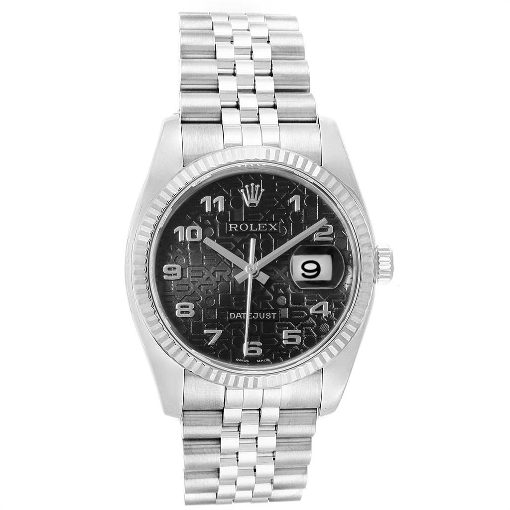This image shows a frontal view of the Rolex Datejust 116234 Men's Stainless Steel Black Dial 116234 Men's Stainless Steel Black Dial watch, highlighting its dial, bracelet, and date magnifier.
