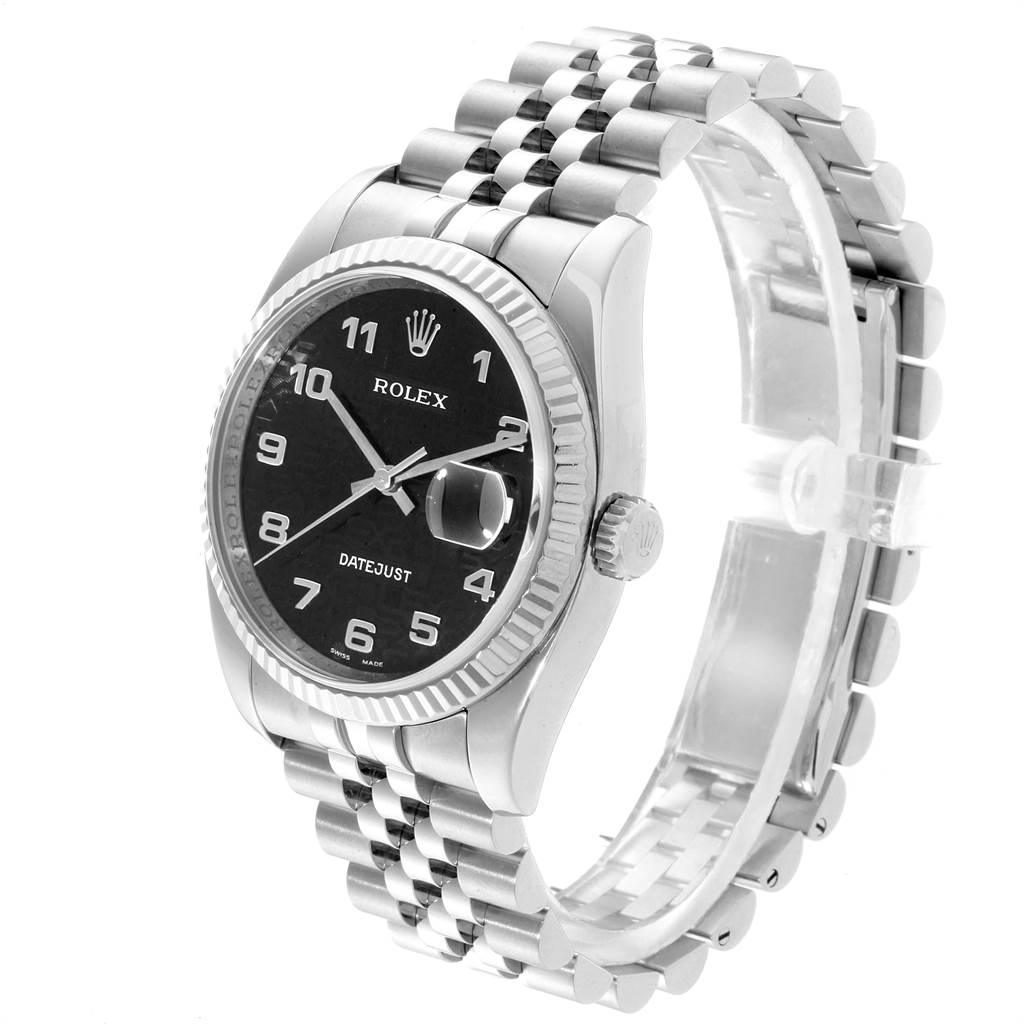 The image shows a side-angle view of a Rolex Datejust 116234 Men's Stainless Steel Black Dial 116234 Men's Stainless Steel Black Dial watch, highlighting the dial, bezel, and bracelet.