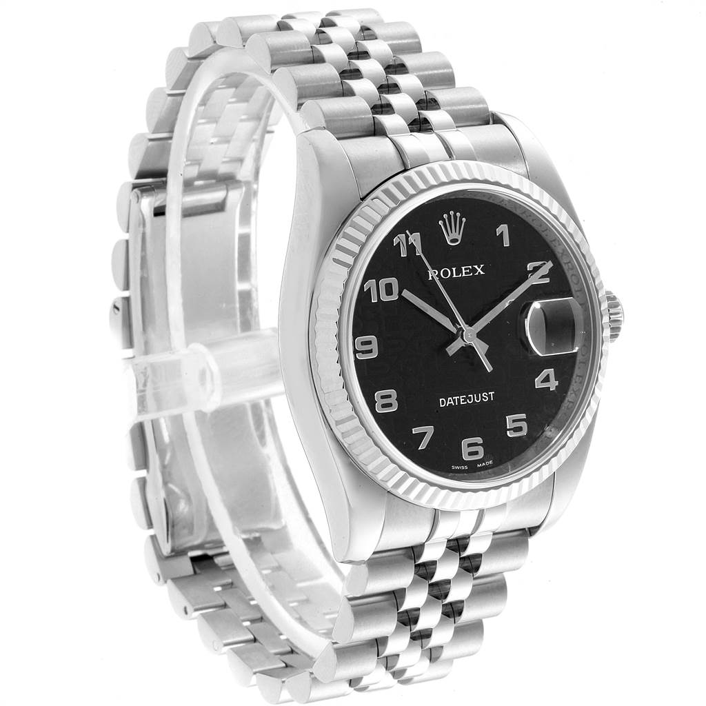 The image shows a Rolex Datejust 116234 Men's Stainless Steel Black Dial 116234 Men's Stainless Steel Black Dial watch at a three-quarter angle, highlighting the dial, bezel, and Jubilee bracelet.
