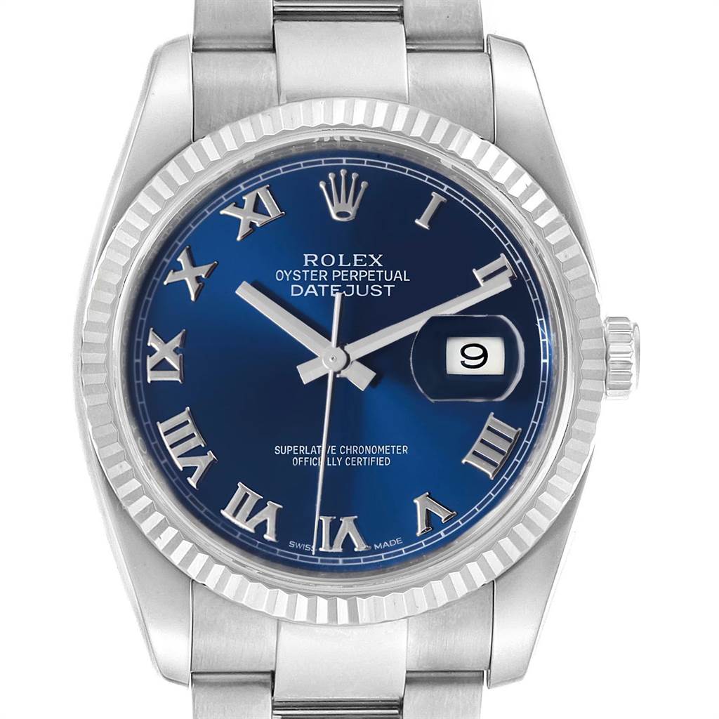 The Rolex Datejust 116234 Men
s Stainless Steel Blue Dial 116234 Men
s Stainless Steel Blue Dial watch is shown from a front angle, highlighting its blue dial, Roman numerals, and date window.