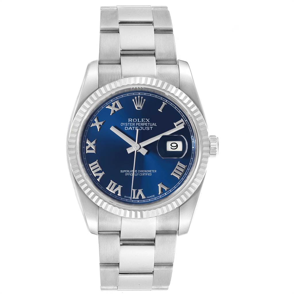 The image shows a Rolex Datejust 116234 Men
s Stainless Steel Blue Dial 116234 Men
s Stainless Steel Blue Dial watch with a blue dial, Roman numeral markers, date window, and stainless steel bracelet.