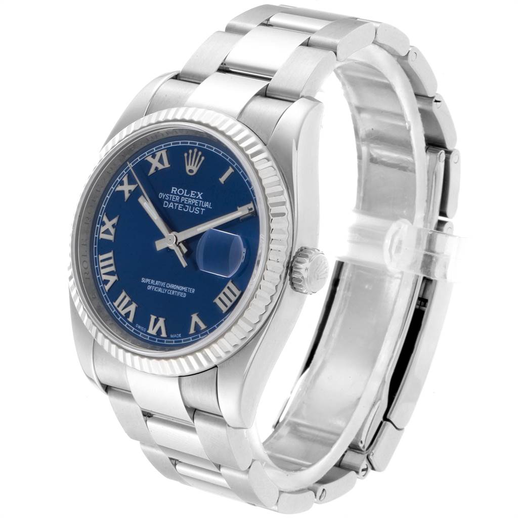 This image shows a Rolex Datejust 116234 Men
s Stainless Steel Blue Dial 116234 Men
s Stainless Steel Blue Dial watch from an angled side view, featuring its blue dial, Roman numeral markers, and metal bracelet.