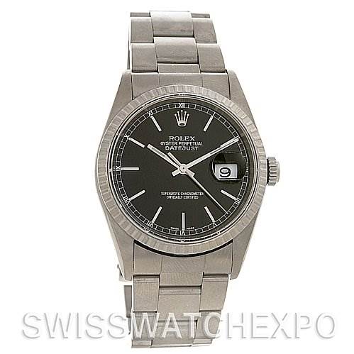 This image shows a Rolex Datejust 16200 Men's Stainless Steel Black Dial 16200 Men's Stainless Steel Black Dial watch from a front angle, highlighting its black dial, fluted bezel, and stainless steel bracelet.
