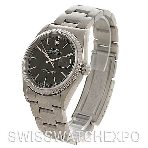 The image shows a Rolex Datejust 16200 Men's Stainless Steel Black Dial 16200 Men's Stainless Steel Black Dial watch at a three-quarter angle, displaying the band, bezel, crown, and dial with date window.