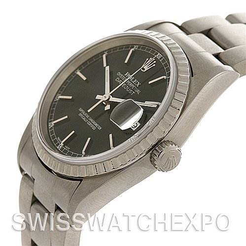 This image shows a Rolex Datejust 16200 Men's Stainless Steel Black Dial 16200 Men's Stainless Steel Black Dial watch from an angled side view, including the watch face, crown, and part of the bracelet.