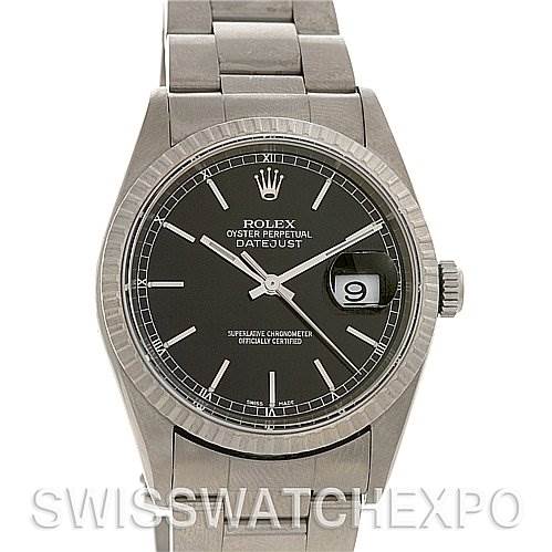 This image shows the Rolex Datejust 16200 Men's Stainless Steel Black Dial 16200 Men's Stainless Steel Black Dial watch from the front, highlighting the face, bezel, and bracelet.