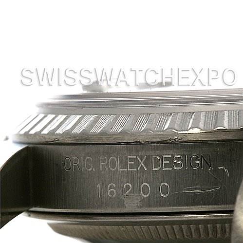 The image shows a close-up side view of the Rolex Datejust 16200 Men's Stainless Steel Black Dial 16200 Men's Stainless Steel Black Dial model, highlighting the engraved text "ORIG. ROLEX DESIGN" and model number "16200".