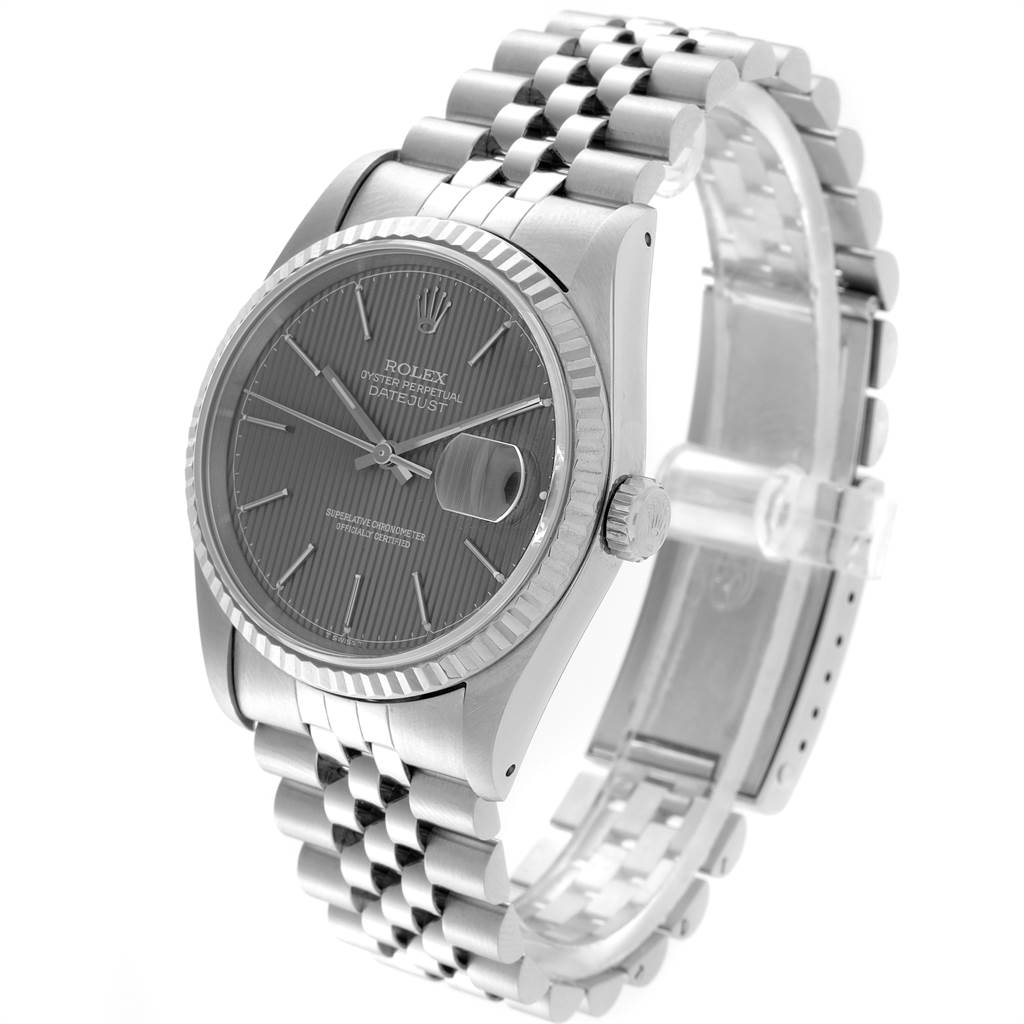 The image shows a Rolex Datejust 16234 Men's Stainless Steel Grey Dial 16234 Men's Stainless Steel Grey Dial watch angled from the front-left, highlighting its dial, bezel, and bracelet.