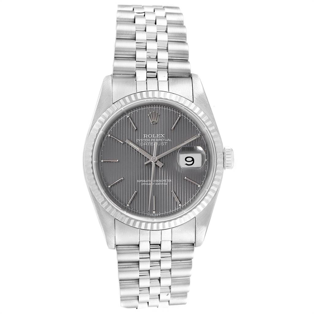 This image shows a Rolex Datejust 16234 Men's Stainless Steel Grey Dial 16234 Men's Stainless Steel Grey Dial watch from a front angle, highlighting its face, bezel, crown, and bracelet.