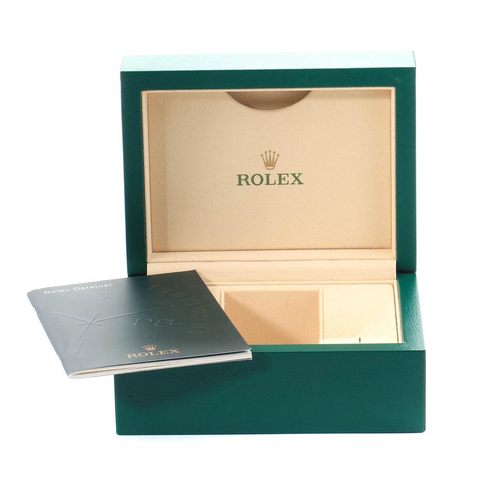 This image features an open Rolex Datejust 116233 Men's Steel and Gold (two tone) Silver Dial 116233 Men's Steel and Gold (two tone) Silver Dial box and instructions manual, showing the watch compartments.