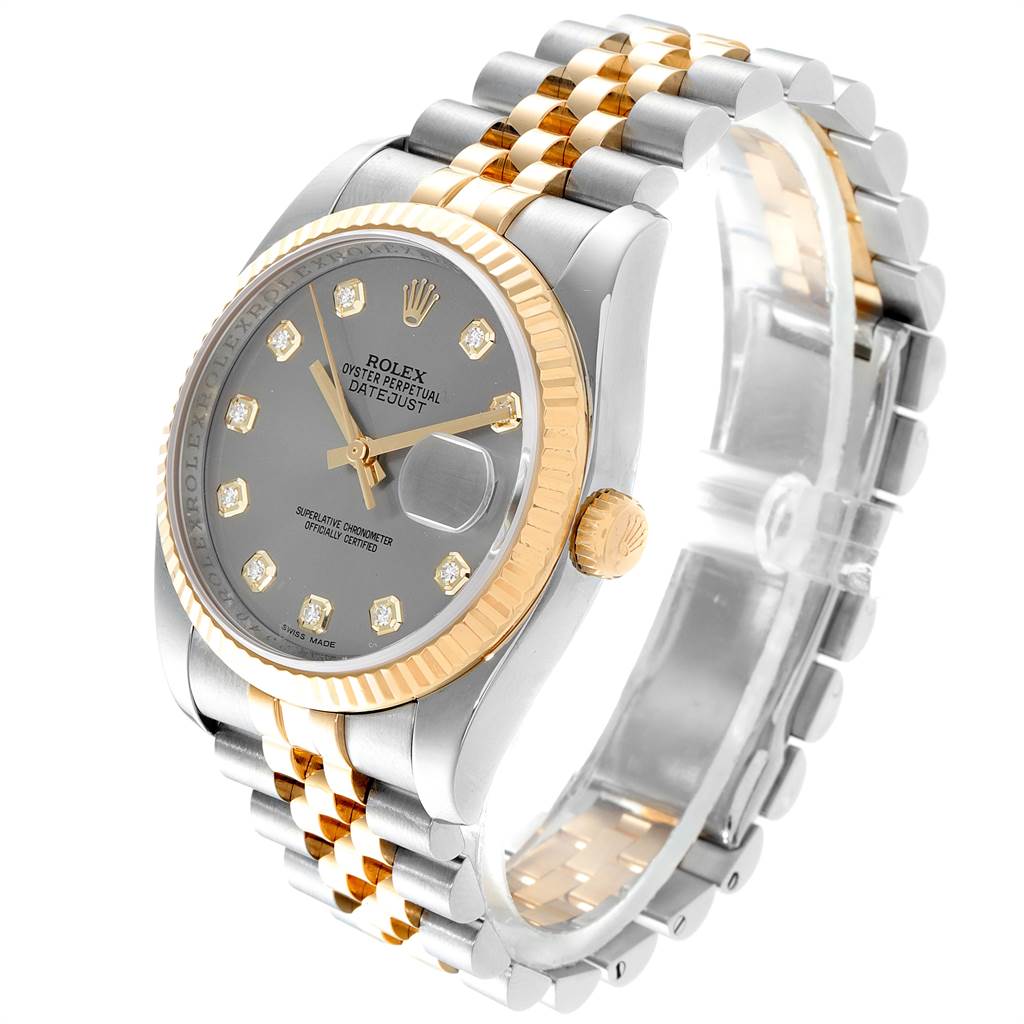 The image shows a Rolex Datejust 116233 Men's Steel and Gold (two tone) Silver Dial 116233 Men's Steel and Gold (two tone) Silver Dial watch angled from the front-left side, highlighting the dial, bezel, and Jubilee bracelet.