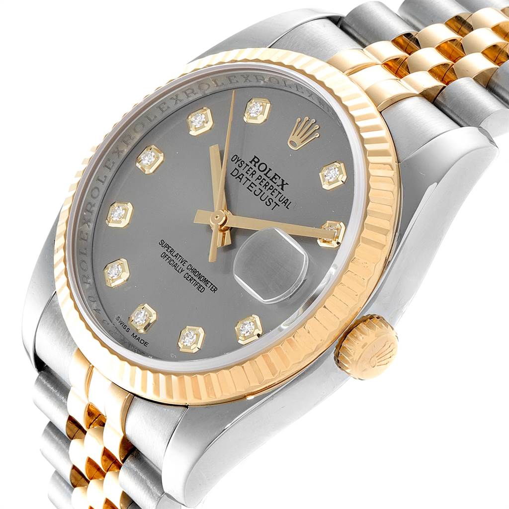 The image shows a close-up of the Rolex Datejust 116233 Men's Steel and Gold (two tone) Silver Dial 116233 Men's Steel and Gold (two tone) Silver Dial model, displaying the dial, bezel, crown, and part of the bracelet.