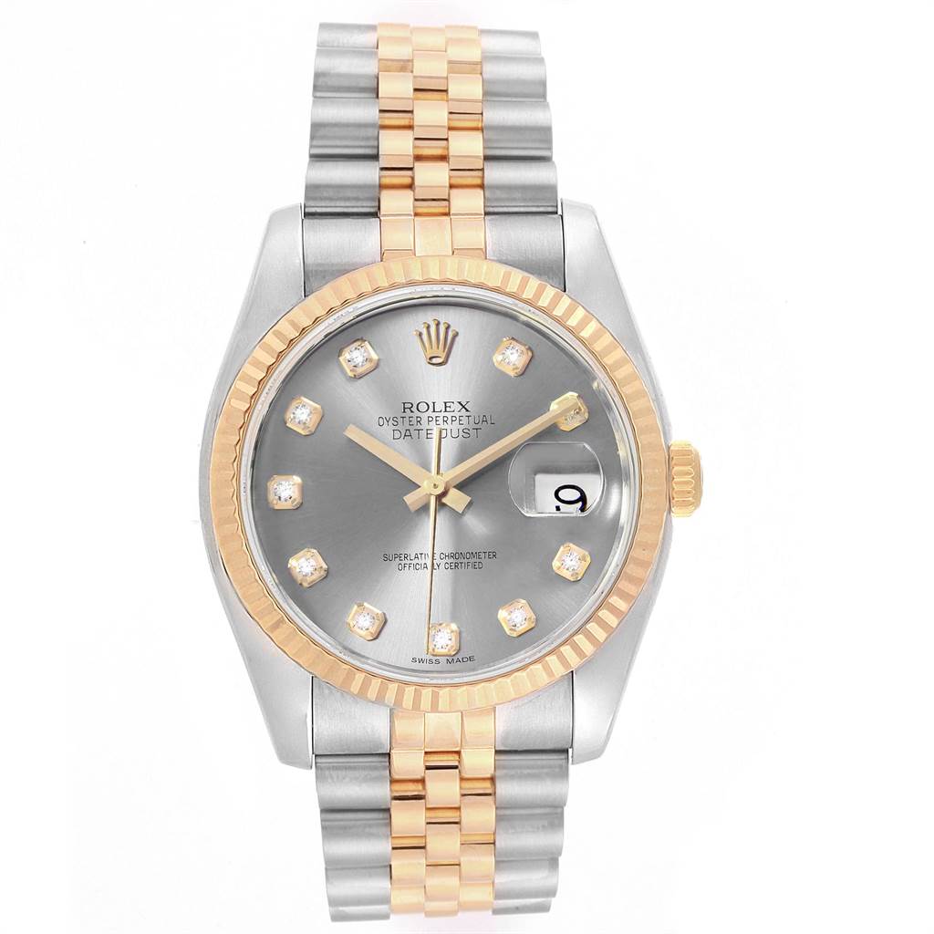 This image shows a frontal view of a Rolex Datejust 116233 Men's Steel and Gold (two tone) Silver Dial 116233 Men's Steel and Gold (two tone) Silver Dial watch, displaying its dial, bezel, bracelet, and date window.