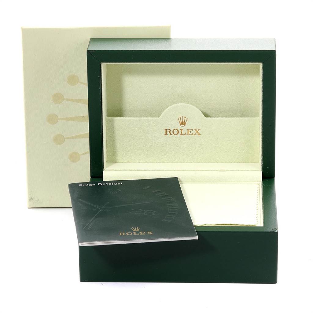 Image shows an empty Rolex Datejust 116234 Men's Stainless Steel Blue Dial 116234 Men's Stainless Steel Blue Dial watch box, manual, and cloth from a front-facing angle.