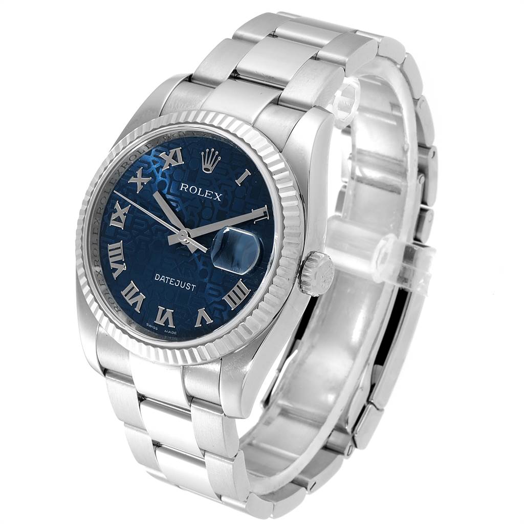 The image shows a Rolex Datejust 116234 Men's Stainless Steel Blue Dial 116234 Men's Stainless Steel Blue Dial watch angled to display the face, bezel, crown, and bracelet.
