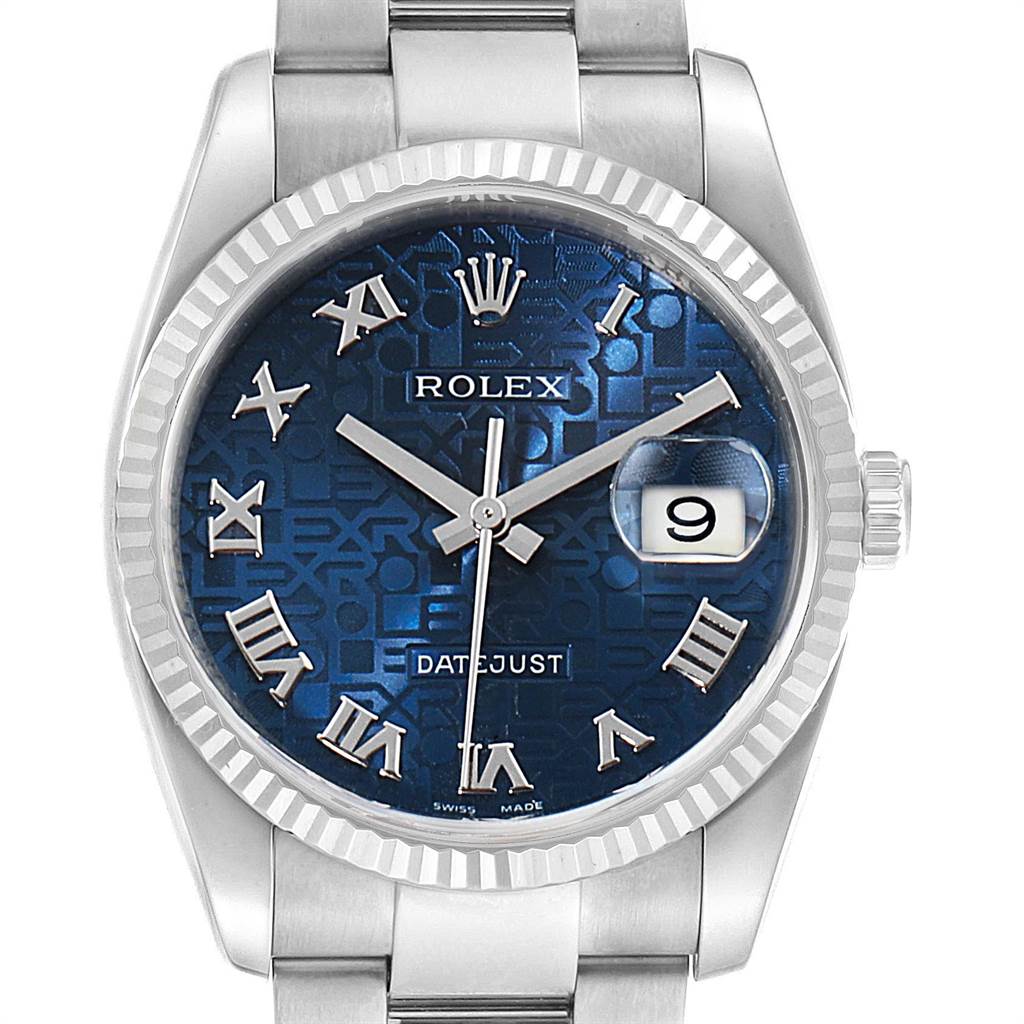 This image shows a frontal view of a Rolex Datejust 116234 Men's Stainless Steel Blue Dial 116234 Men's Stainless Steel Blue Dial watch, displaying its blue dial, roman numerals, date window, and metal bracelet.