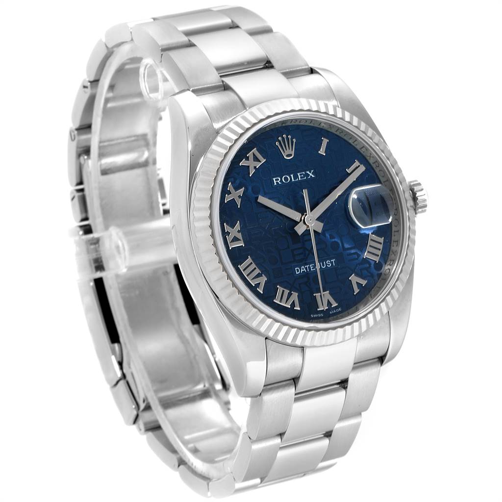 This image shows a Rolex Datejust 116234 Men's Stainless Steel Blue Dial 116234 Men's Stainless Steel Blue Dial watch from an angled front view, displaying the dial, bezel, and bracelet.