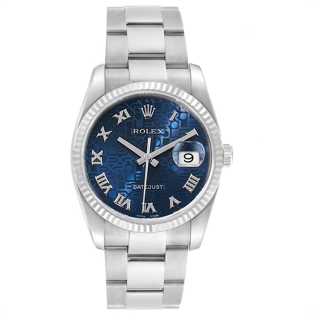 This image of the Rolex Datejust 116234 Men's Stainless Steel Blue Dial 116234 Men's Stainless Steel Blue Dial watch is taken from the front, focusing on the dial, bracelet, and fluted bezel.