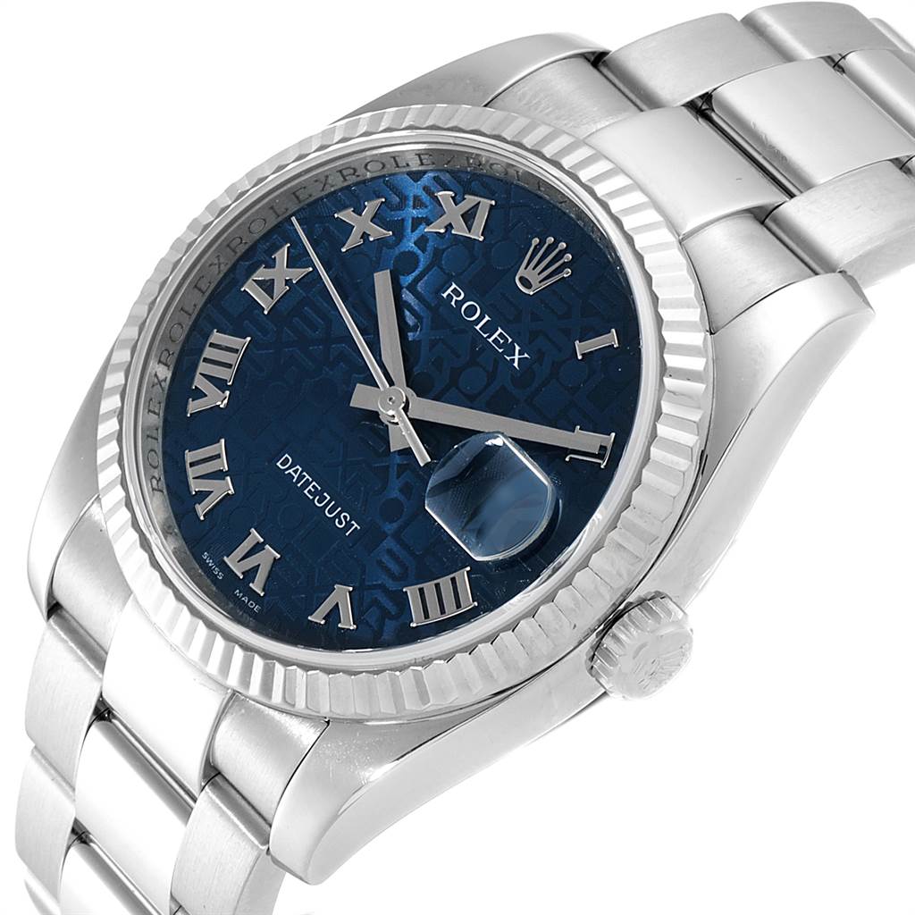 The image shows a Rolex Datejust 116234 Men's Stainless Steel Blue Dial 116234 Men's Stainless Steel Blue Dial watch at an angle, highlighting its blue dial, bezel, crown, and part of the metal bracelet.