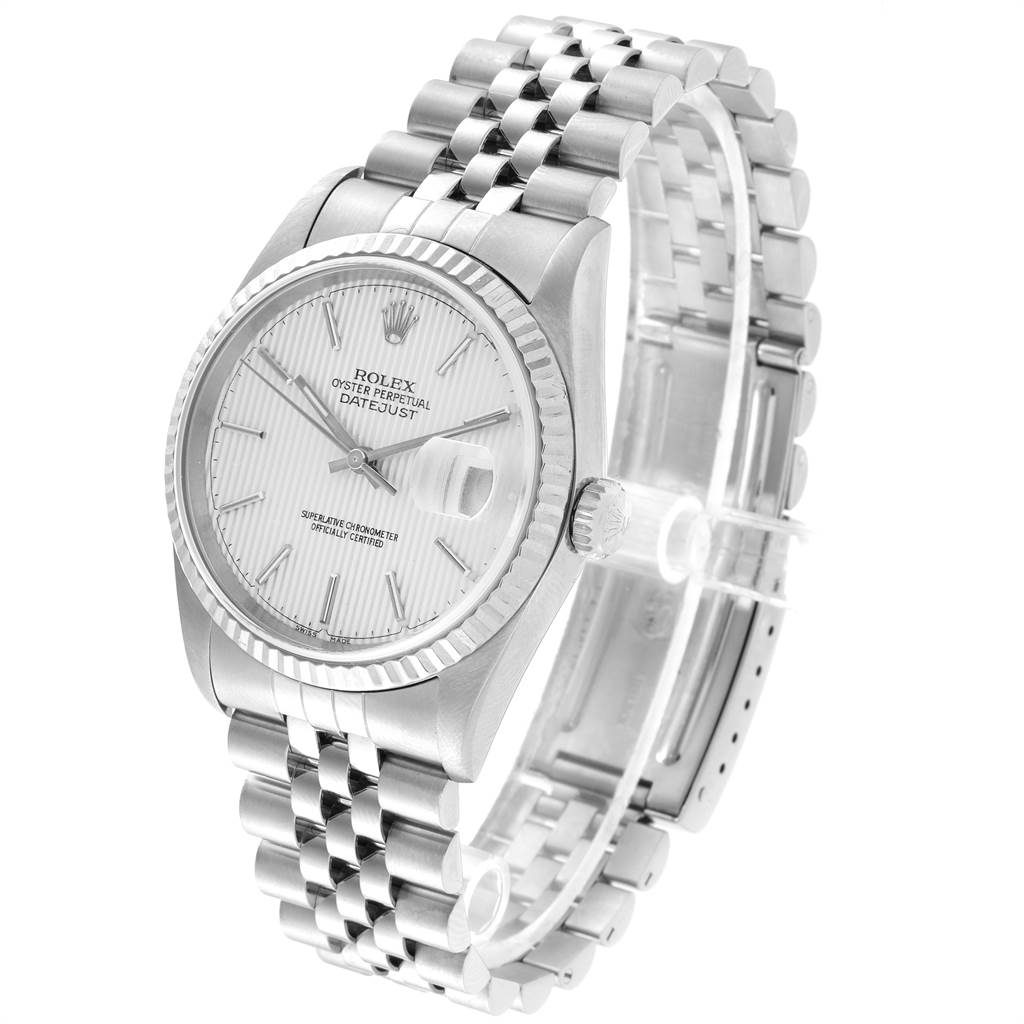The image shows a side angle of the Rolex Datejust 16234 Men's Stainless Steel Silver Dial 16234 Men's Stainless Steel Silver Dial watch, highlighting the dial, bezel, crown, and Jubilee bracelet.