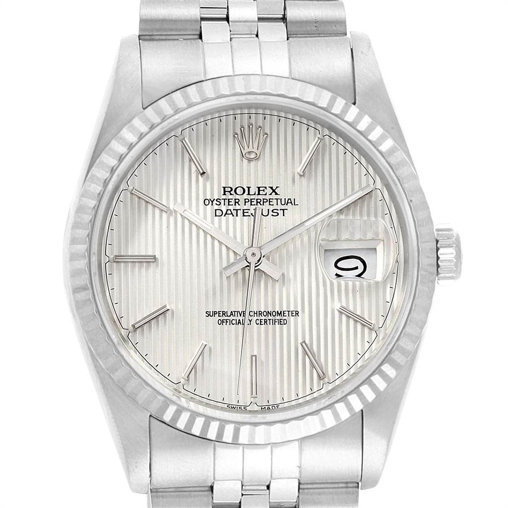The image shows a frontal view of the dial and part of the bracelet of a Rolex Datejust 16234 Men's Stainless Steel Silver Dial 16234 Men's Stainless Steel Silver Dial watch.