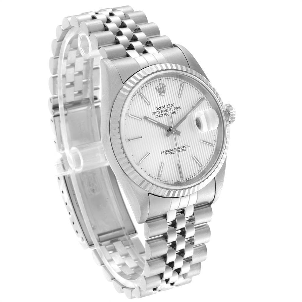 The image shows a Rolex Datejust 16234 Men's Stainless Steel Silver Dial 16234 Men's Stainless Steel Silver Dial watch at a three-quarter angle, displaying its face, bezel, crown, and Jubilee bracelet.