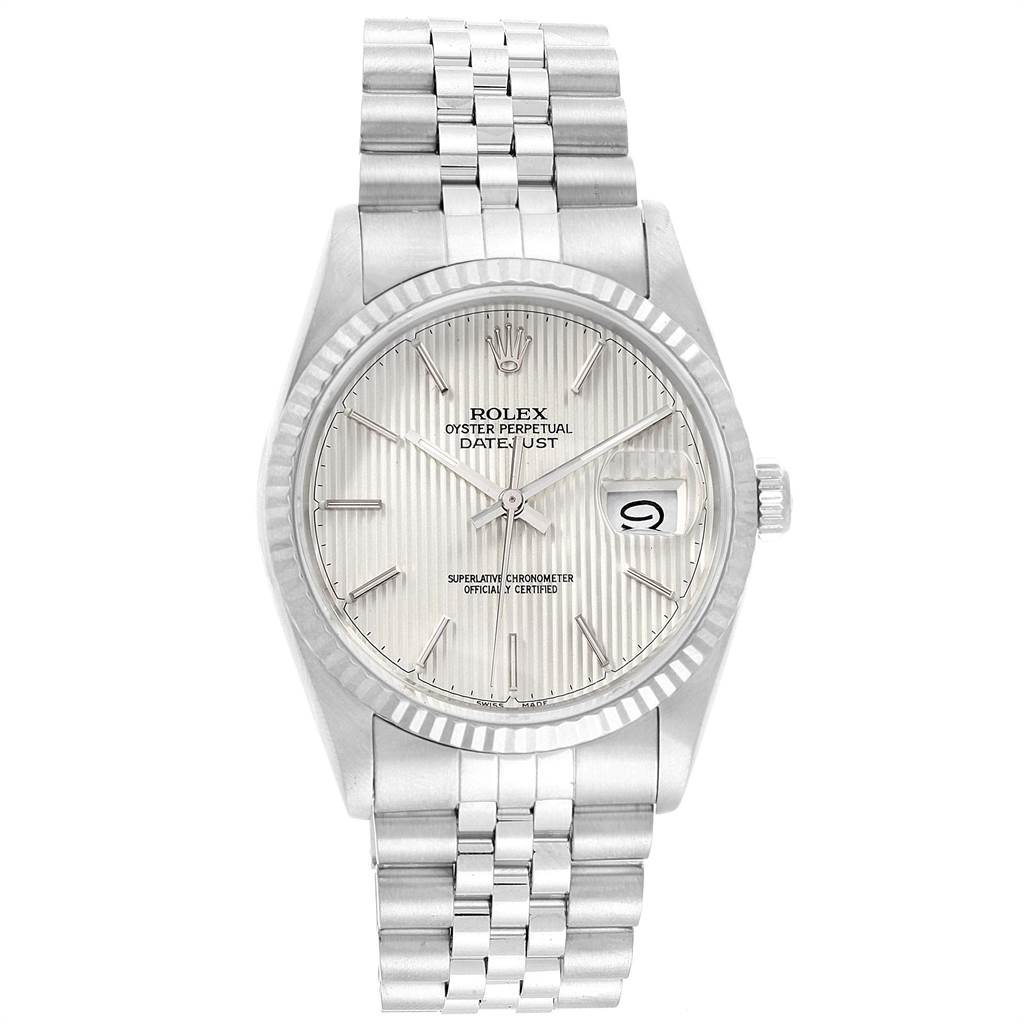 The image shows a Rolex Datejust 16234 Men's Stainless Steel Silver Dial 16234 Men's Stainless Steel Silver Dial watch from a front angle, displaying the dial, bezel, and stainless steel bracelet.