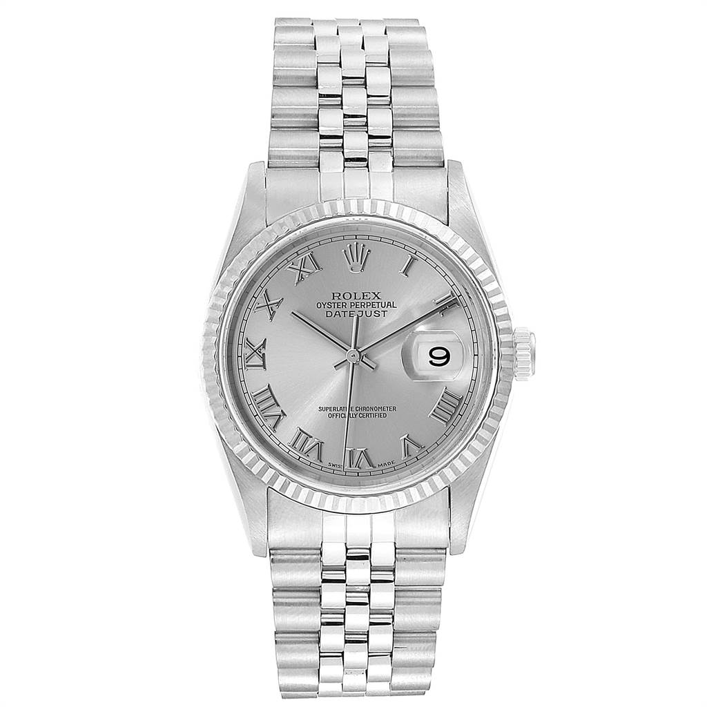 The image shows a Rolex Datejust 16234 Men's Stainless Steel Silver Dial 16234 Men's Stainless Steel Silver Dial watch, featuring a front angle view of the dial, bezel, crown, and bracelet.