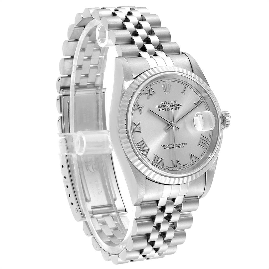The Rolex Datejust 16234 Men's Stainless Steel Silver Dial 16234 Men's Stainless Steel Silver Dial watch is shown from a front-left angle, displaying the dial, bezel, and bracelet.