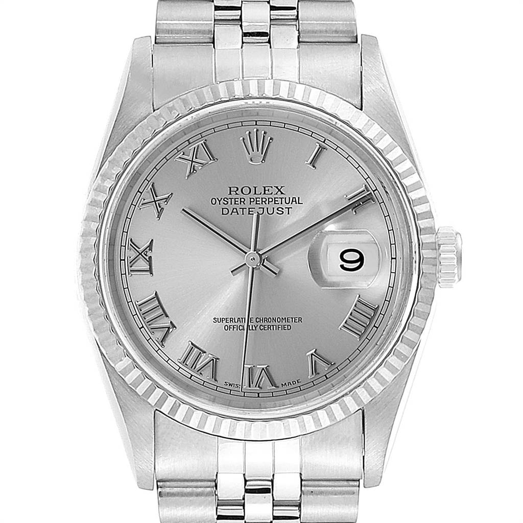 The image shows a front view of the Rolex Datejust 16234 Men's Stainless Steel Silver Dial 16234 Men's Stainless Steel Silver Dial watch, highlighting the dial, bezel, hands, and bracelet.