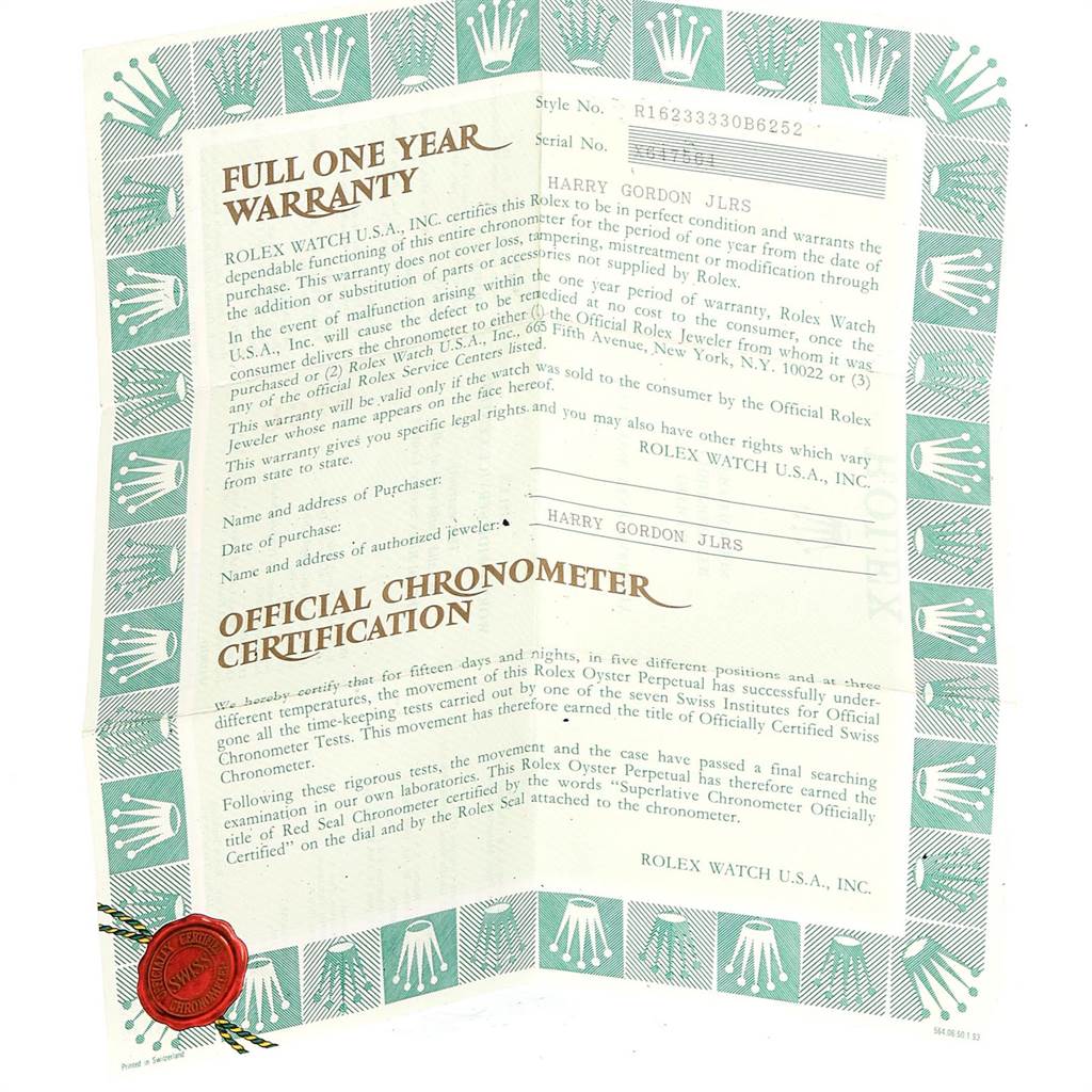 The image shows the warranty and official chronometer certification document for a Rolex Datejust 16233 Men's Steel and Gold (two tone) Champagne Dial 16233 Men's Steel and Gold (two tone) Champagne Dial model watch.