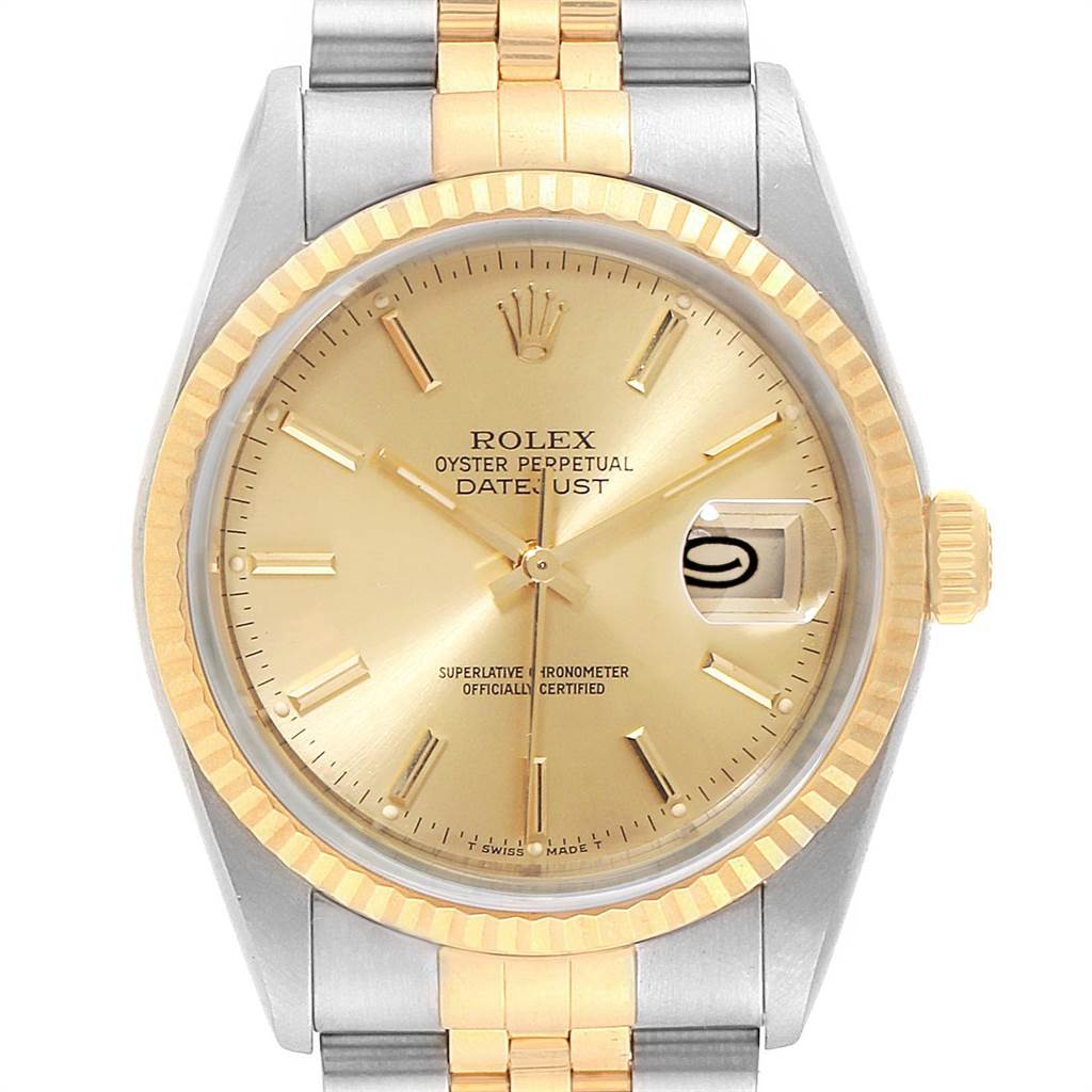 The image shows a frontal view of the Rolex Datejust 16233 Men's Steel and Gold (two tone) Champagne Dial 16233 Men's Steel and Gold (two tone) Champagne Dial watch, highlighting the dial, bezel, hands, and portion of the bracelet.