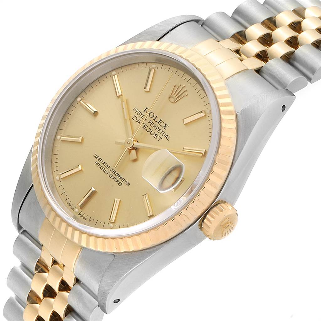 The image shows a Rolex Datejust 16233 Men's Steel and Gold (two tone) Champagne Dial 16233 Men's Steel and Gold (two tone) Champagne Dial watch at a slight angle, highlighting its dial, bezel, crown, and bracelet.