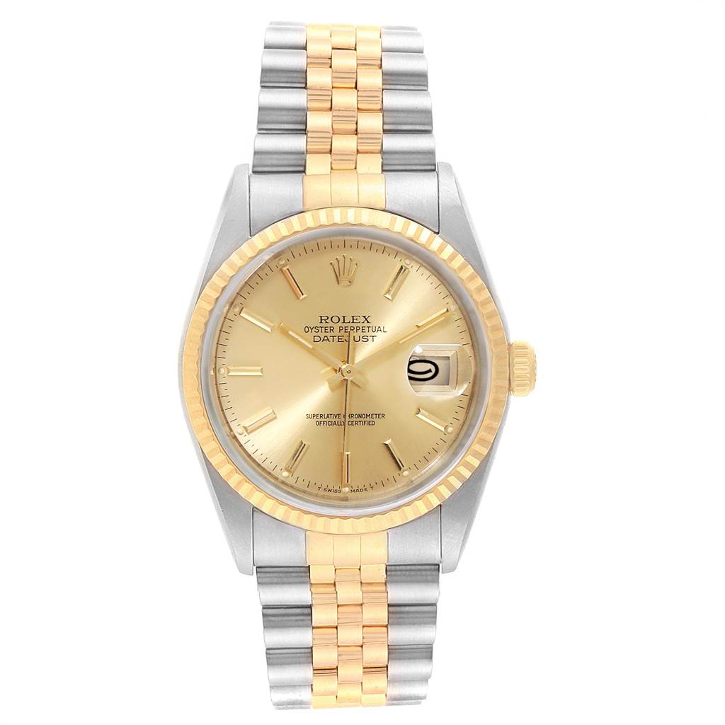 The image shows a front view of a Rolex Datejust 16233 Men's Steel and Gold (two tone) Champagne Dial 16233 Men's Steel and Gold (two tone) Champagne Dial watch, highlighting its bicolor bracelet, gold dial, and date display.