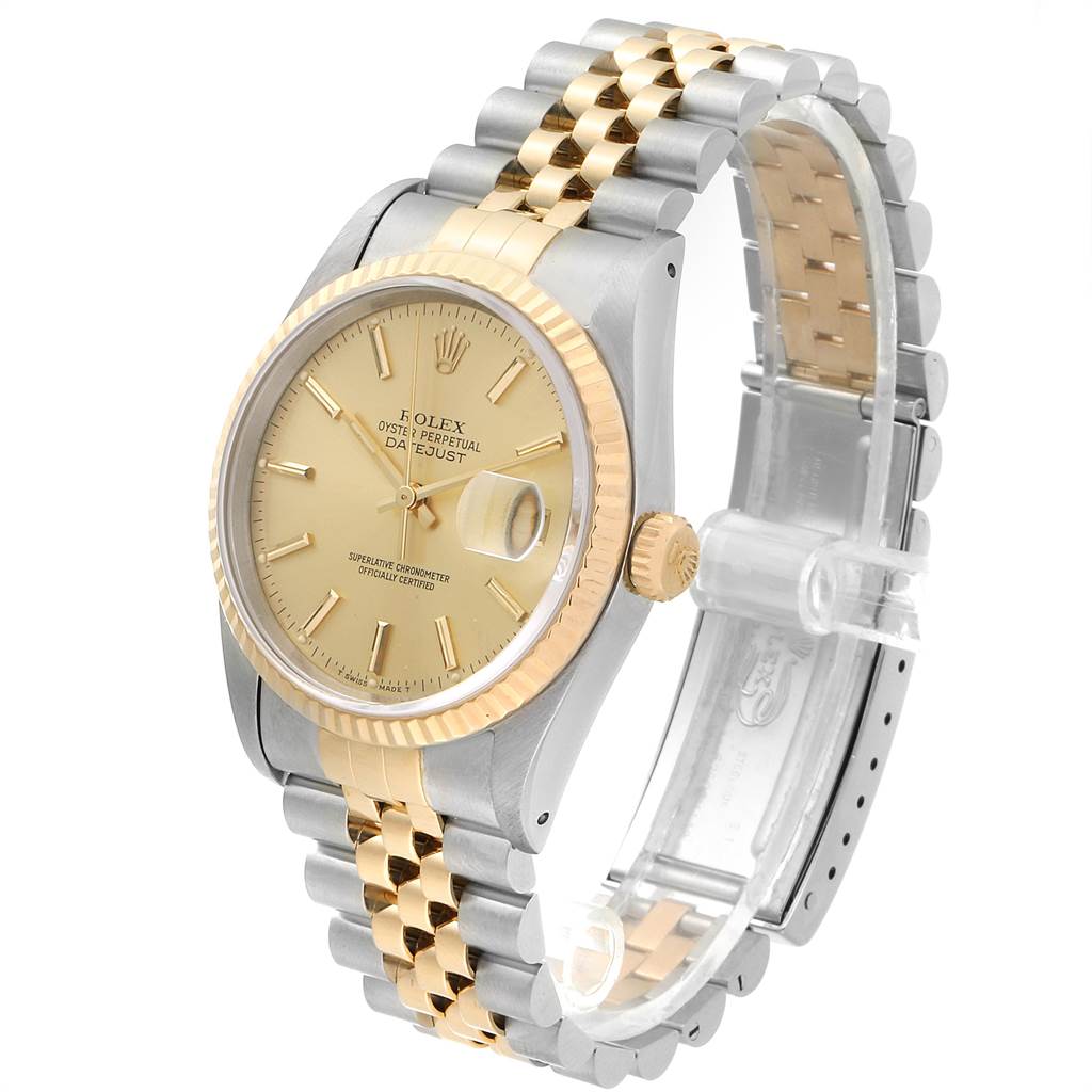 This Rolex Datejust 16233 Men's Steel and Gold (two tone) Champagne Dial 16233 Men's Steel and Gold (two tone) Champagne Dial watch is shown at a slight angle displaying the dial, crown, and two-tone bracelet.