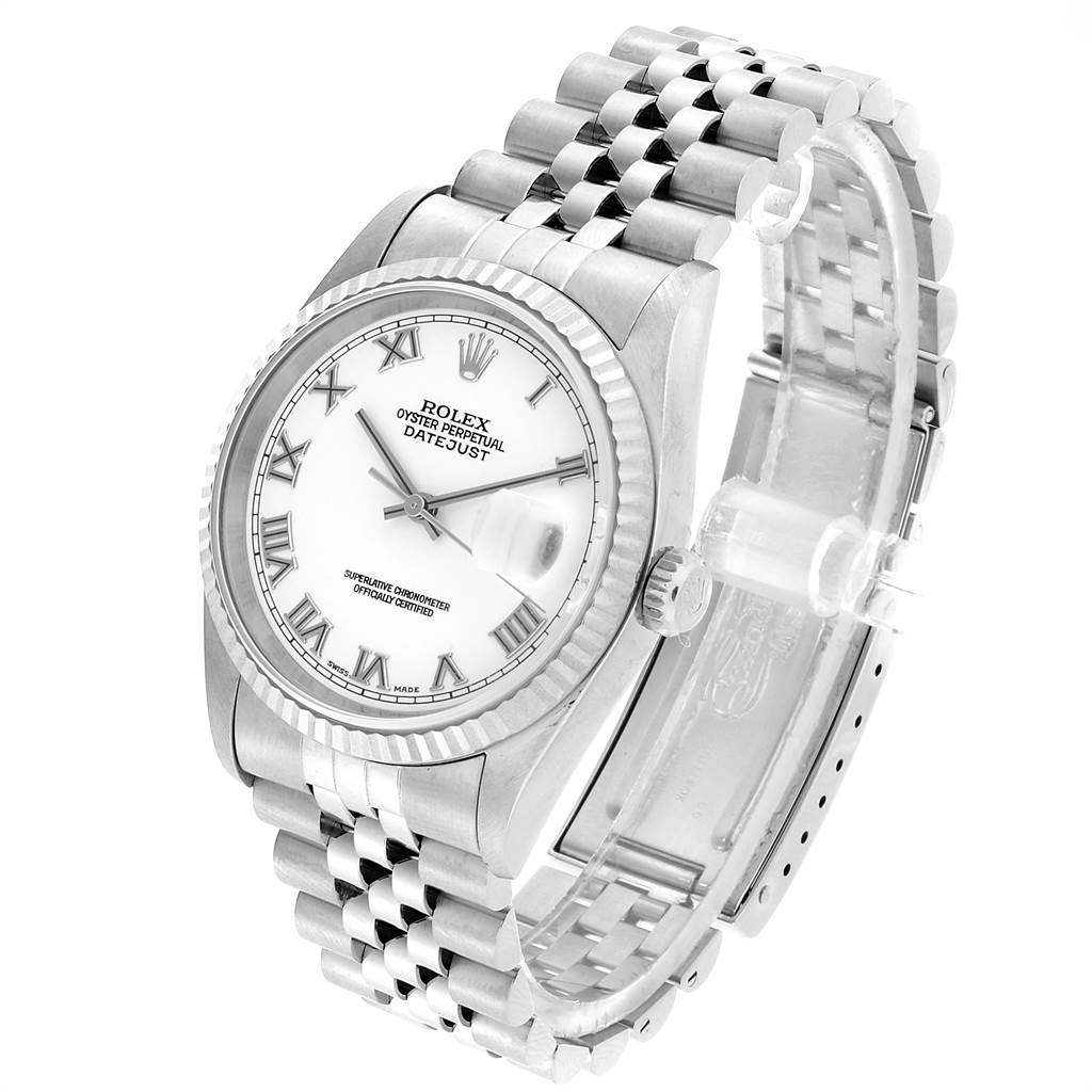 The image shows a Rolex Datejust 16234 Men's Stainless Steel White Dial 16234 Men's Stainless Steel White Dial watch at an angled front view, highlighting its dial, fluted bezel, crown, and jubilee bracelet.