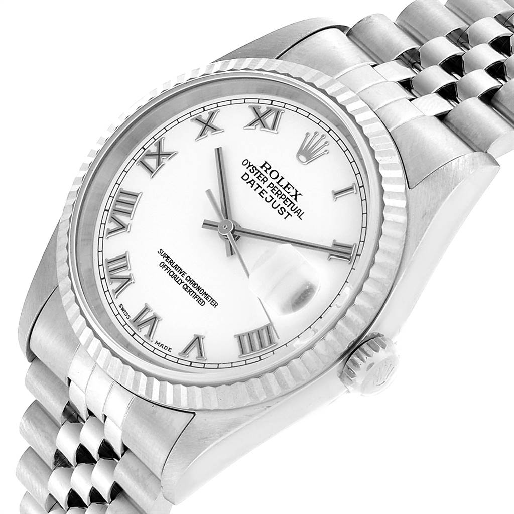 The image shows a Rolex Datejust 16234 Men's Stainless Steel White Dial 16234 Men's Stainless Steel White Dial watch at an angle highlighting its face, fluted bezel, and Jubilee bracelet.
