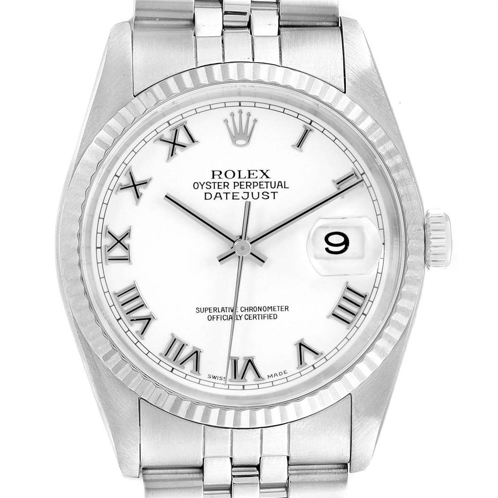 This image shows a front-facing view of a Rolex Datejust 16234 Men's Stainless Steel White Dial 16234 Men's Stainless Steel White Dial watch, displaying the dial, bezel, crown, and partial bracelet.