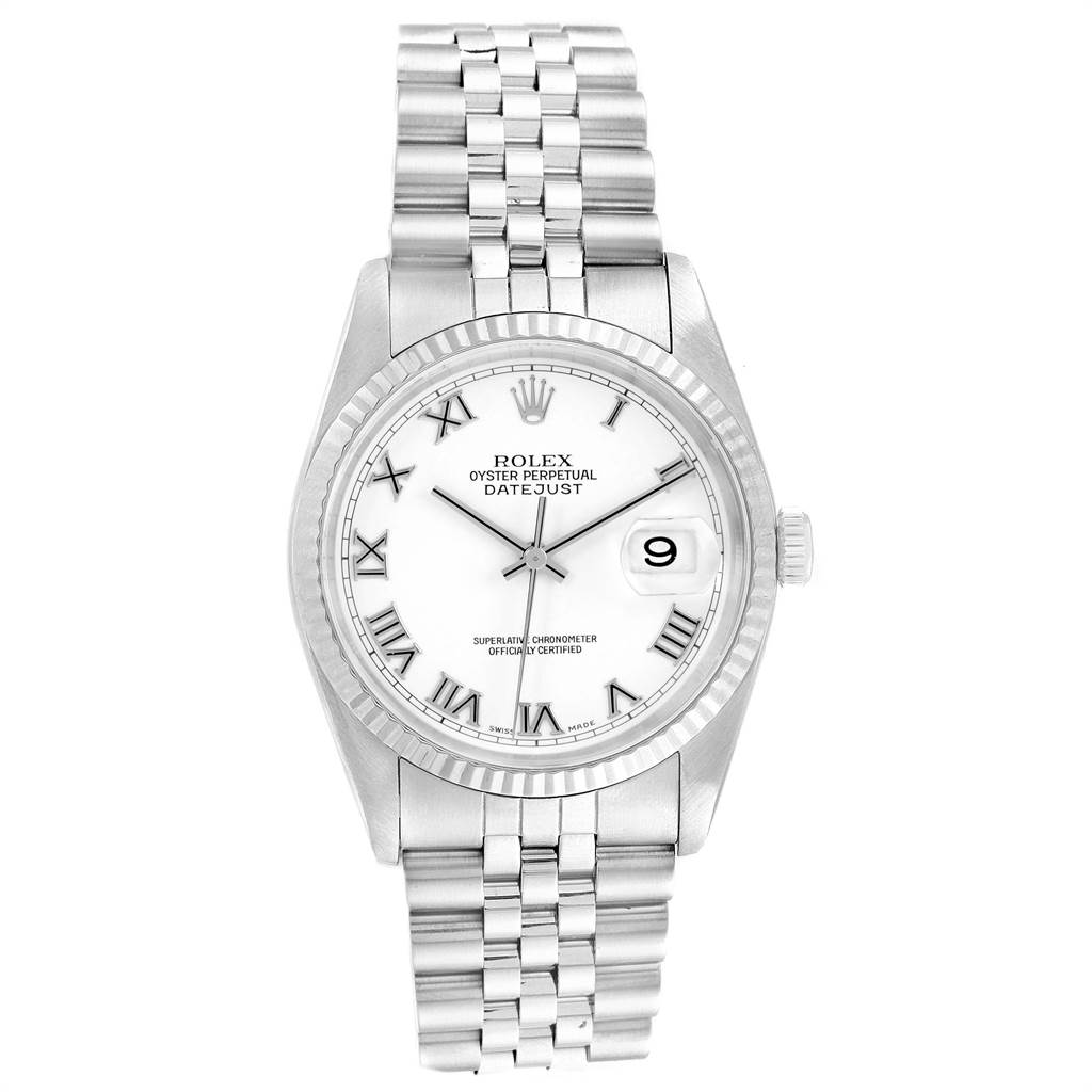 The image displays a Rolex Datejust 16234 Men's Stainless Steel White Dial 16234 Men's Stainless Steel White Dial watch, showing the full face, bezel, and bracelet from a top view angle.