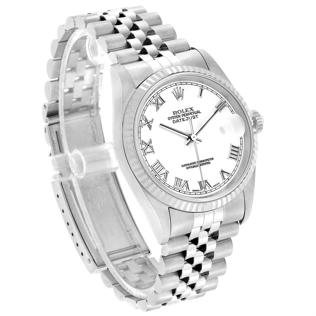 This image shows a Rolex Datejust 16234 Men's Stainless Steel White Dial 16234 Men's Stainless Steel White Dial watch from a front-right angle, clearly displaying the dial, bezel, and bracelet.