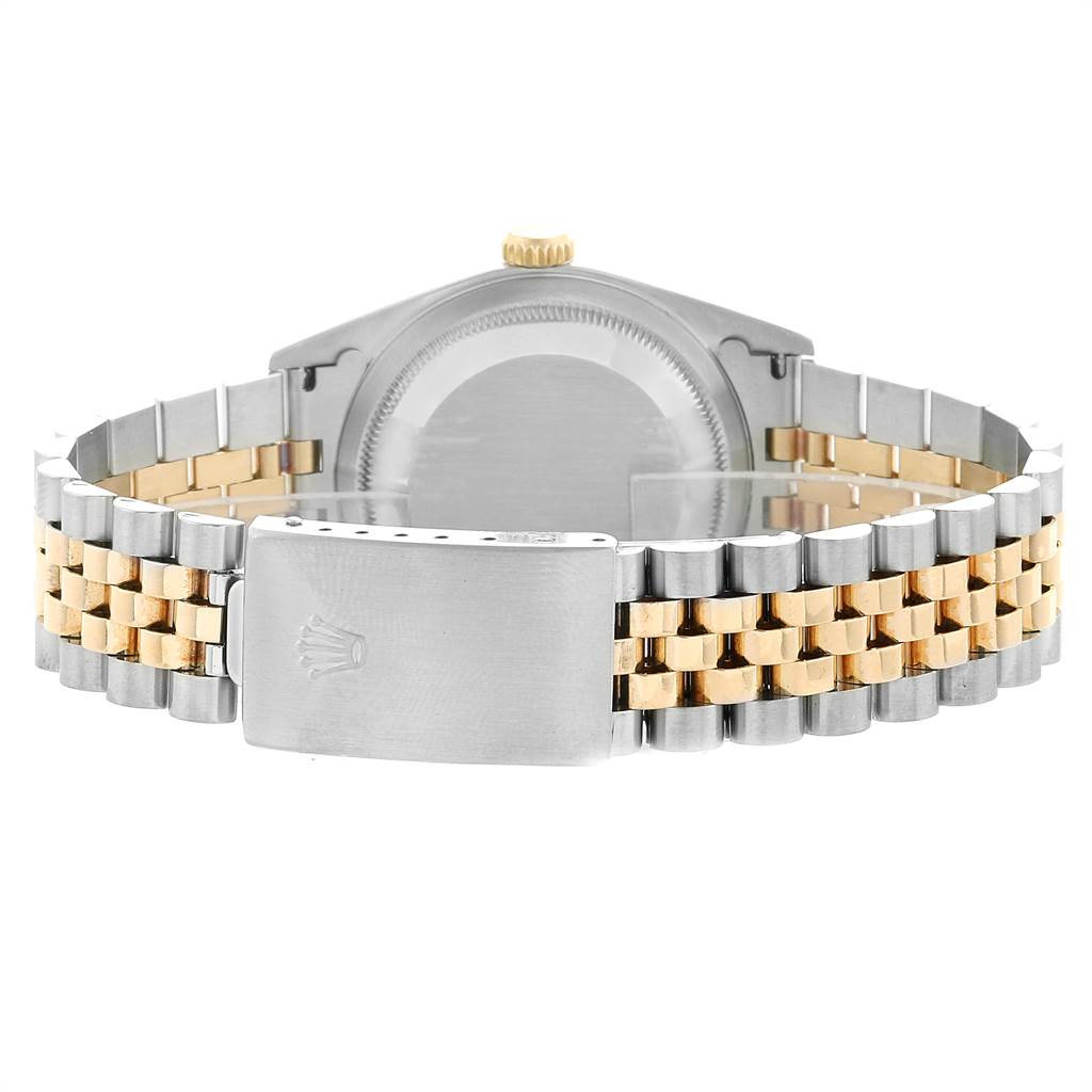 This image shows the back view of a Rolex Datejust 16233 Men's Steel and Gold (two tone) Silver Dial 16233 Men's Steel and Gold (two tone) Silver Dial watch, focusing on the case back and the Jubilee bracelet with a two-tone finish.